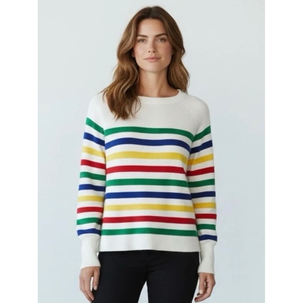 AQUA Womens Rainbow Stripe Cotton Blend Raglan Crewneck Sweater White Small